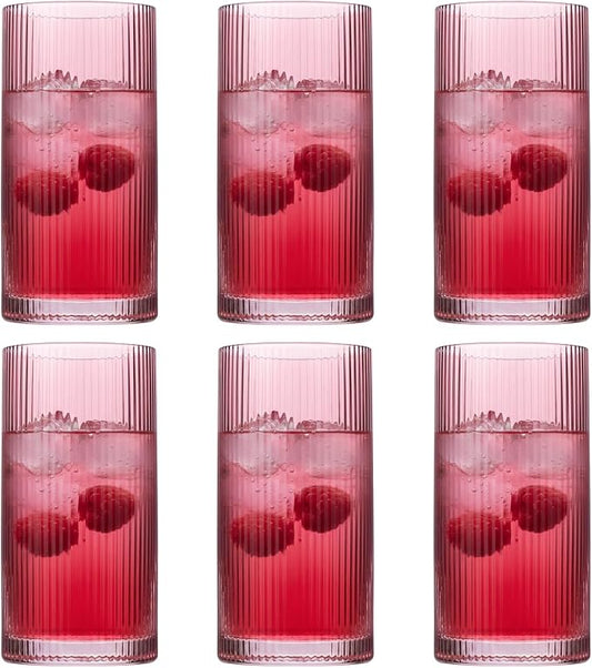 Physkoa Rose Red Ribbed Drinking Glasses Set of 6 – Vintage Embossed Highball Glassware, Thick Durable Tumbler Cups for Water, Juice, Cocktails, Iced Coffee, Kitchen Bar Gift Set by Physkoa