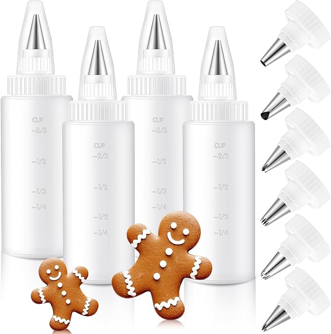 LemonRoad 4 Pcs Plastic Squeeze Bottles with 6 Different Piping Tips for Cookie Icing Piping Kit Pancake Decorating Supplies Squeezing Applicator Writer for Food Arts(4 oz)