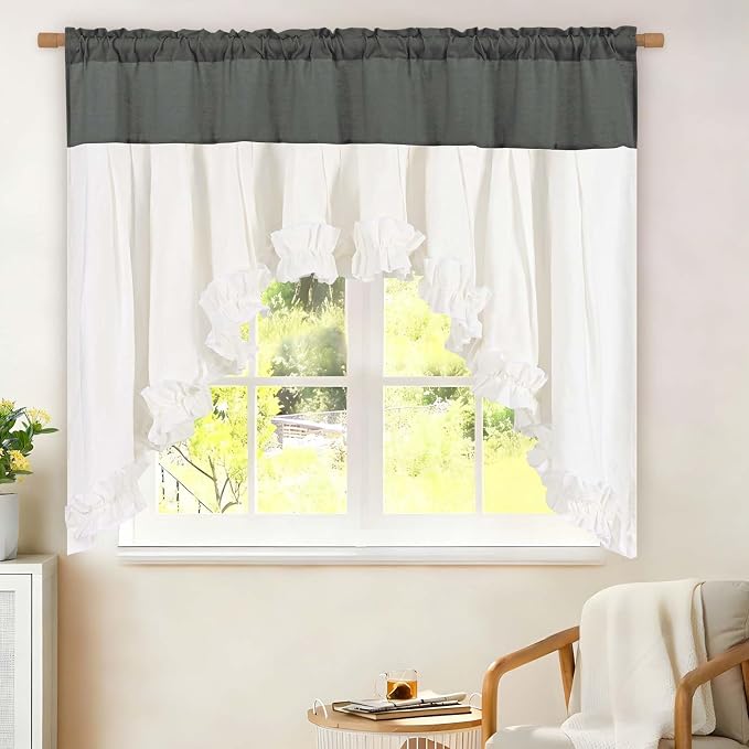 Likiyol Linen Valances for Windows Farmhouse Ruffle Swag Valance Rustic Country Window Valances Light Filtering Kitchen Curtains Rod Pocket Valance Curtains for Bathroom Cafe, Grey White, 60"W x 36"L - Image 9
