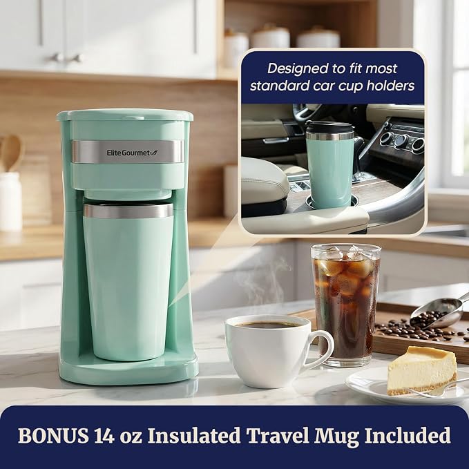 Elite Gourmet EHC113M Personal Single-Serve Compact Coffee Maker, Mint | Includes 14oz stainless steel interior thermal travel mug, reusable filter - compatible with coffee grounds - Image 6