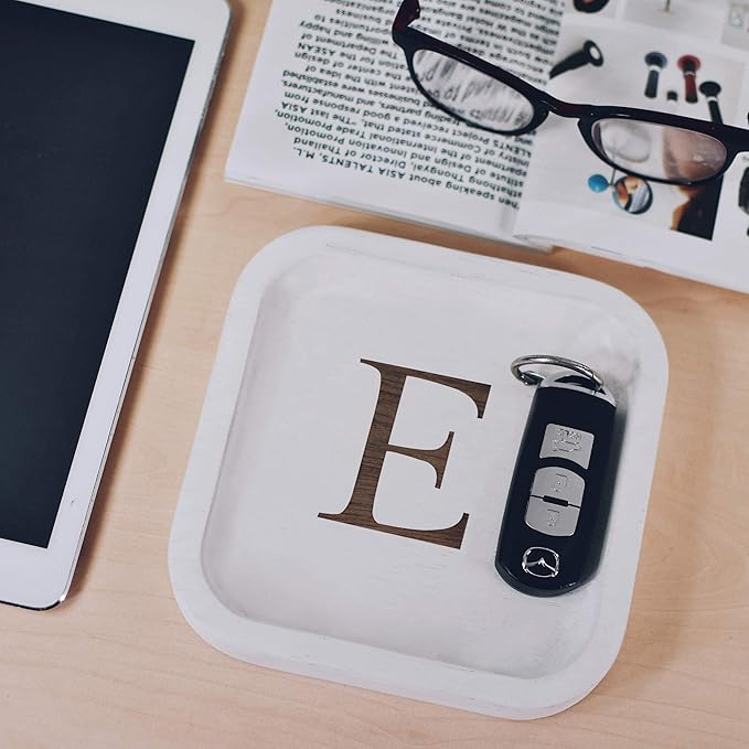 I'm Wooden Personalized Letter Catchall Valet Tray Trinket Dish Jewelry Tray Key Bowl Decorative Plate Organizing Ring Earrings Necklaces Bracelet Watch Coins Wallet Holder (6"x6" Sq White E)