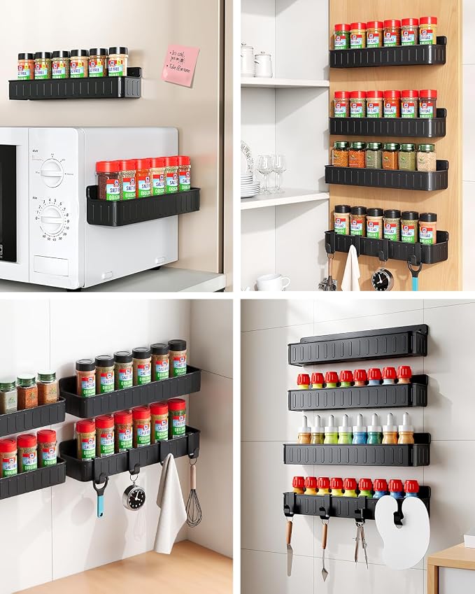 Nieifi Spice Rack Wall Mount, 4 Pack Black, 2" Depth, Screw/Adhesive | Wall-Mounted with Removable Hooks Saves Counter Space, Fits 2" Deep Jars, Ideal for Kitchen Cabinets, Pantry Doors, and RVs. - Image 6