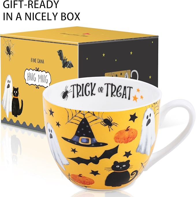 Orange Halloween Hug Mug – 20oz Bone China Coffee Mug with Black Cat, Ghost, Pumpkin & Bat, Perfect Fall Gift for Halloween Lovers, Designed in England by Harvest Green Studio - Image 3