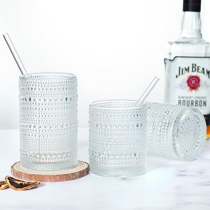 Hobnail Drinking Glasses with Straws, 15 oz & 12 oz Vintage Drinking Glasses Set of 8, Embossed Glasses Drinking Set, Textured Glass Cups for Kitchen, Beer, Juice, Cocktail, Whiskey, Milk - Image 5
