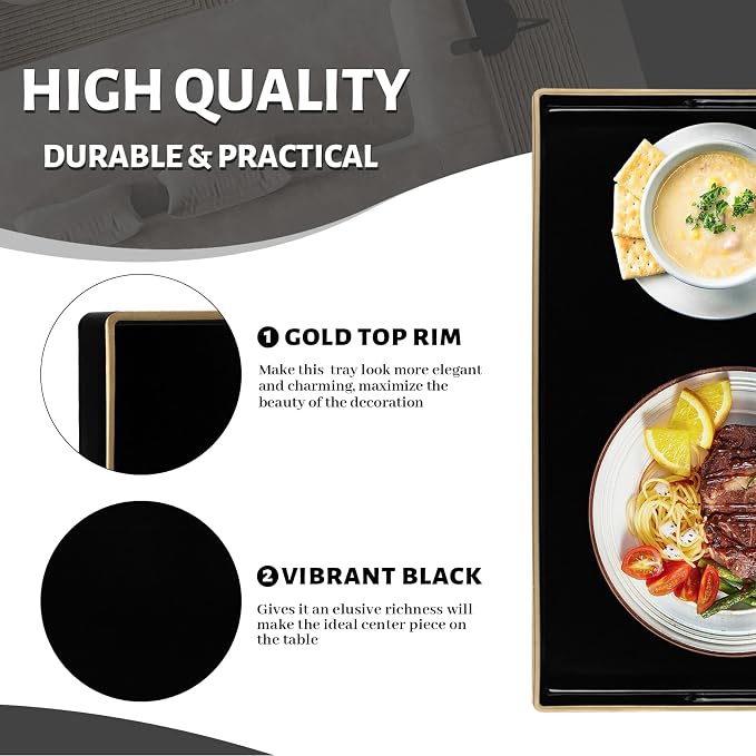 MAONAME Black Decorative Tray for Coffee Table, Serving Tray with Handles | Plastic Melamine Tray, Modern Ottoman Tray, Rectangular Countertop Organizer Tray for Living Room, 15.8"L x 10.2"W x 1.4"H - Image 3