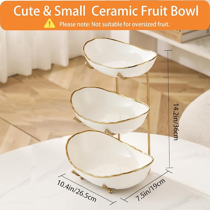 Ceramic Fruit Bowl for Kitchen Counter - 3 Tier Fruit Basket with Metal Stand, Tiered Fruit Stand for Countertop, Snack, Nuts, Cake, Dessert, Cute (Gold-rimmed, Small) - Image 3