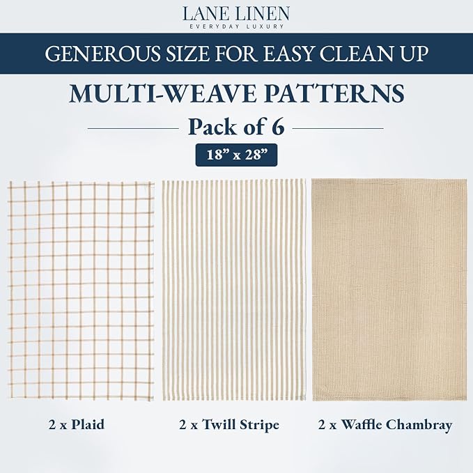 LANE LINEN Cotton Kitchen Towels and Dish Cloths Set, 6-Pack – Absorbent, Quick-Drying Dish Towel, 18" x 28", Soft, Premium Hand and Tea Towels - Beige - Image 2