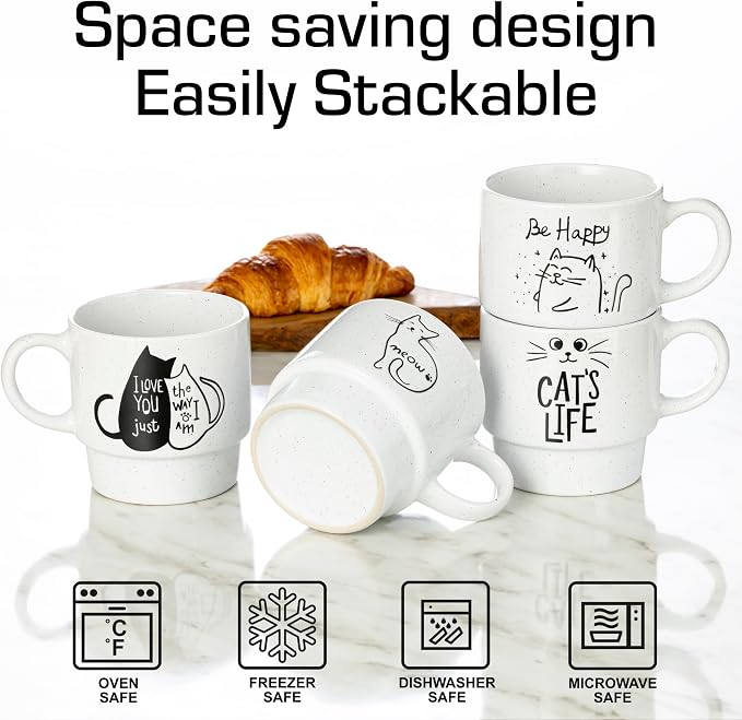 Signature Housewares Stackable Coffee Mug Tower Set with Metal Wire Rack - 15 Ounce Coffee Mugs for Coffee, Tea, Cocoa, Milk, Cappuccino, Hot Chocolate Set of 4 - Cat's Life - Image 5