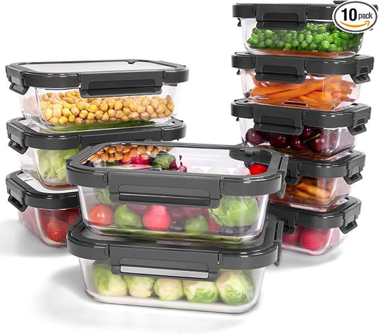10-Pack Glass Food Storage Containers with Tempered Glass Lids – Borosilicate, Airtight, Oven-Safe (-4°F~950°F), BPA-Free, 4.4 & 1.6 Cup, Leak-Proof, Dishwasher Safe (Gray) by BOROHOUSE