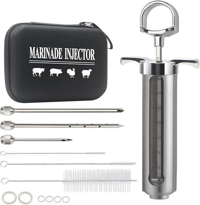 Meat Injector BBQ Injection Kit, Marinade Cajun Seasoning Flavor Syringe Injector for Cooking Grill Smoker Barbecue in Chicken Turkey Beef with 3 Syringe Needles, User Manual, E-Book