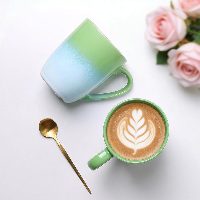 MONITO 14 OZ Coffee Mugs Set of 6, Large Ceramic Blue Coffee Mugs Set with handle for Tea/Latte/Milk/Cocoa, Funny Tea Cups for Office and Home, Engagement Gifts. (White-green) - Image 7