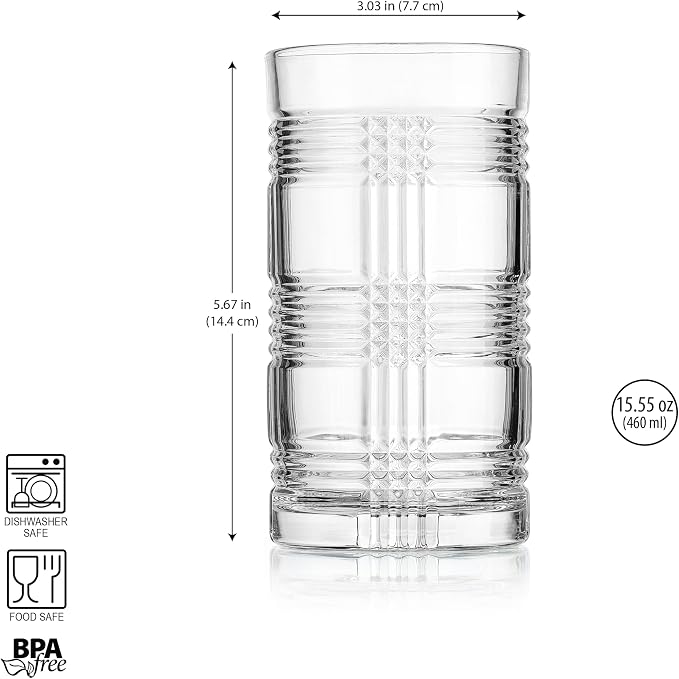 15.5 oz Highball Glasses Set of 4, Modern Ribbed Drinking Glasses, Clear Glass Tumblers for Water, Juice, Cocktails & Iced Tea, Heavy Base, Dishwasher Safe - Image 7