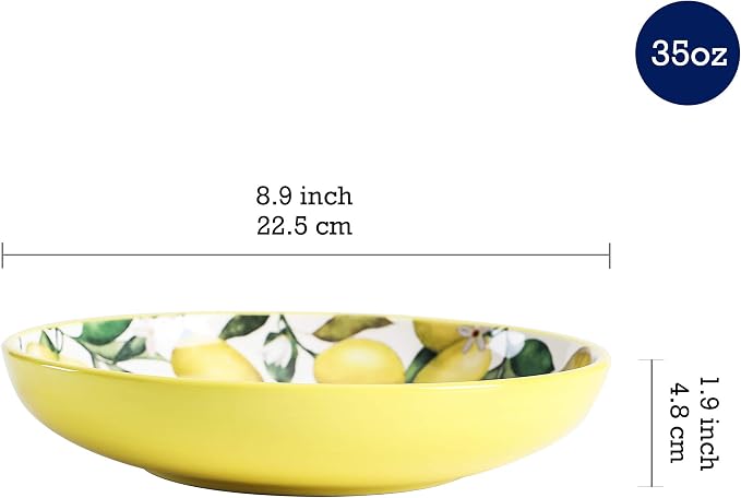 Bico Lemon Dreams Pasta Bowls, 35oz Salad Bowl Set of 4, Large Ceramic Serving Dinner Bowls for Soup and Cereal, Microwave and Dishwasher Safe, Gift for Housewarming and Thanksgiving - Image 2