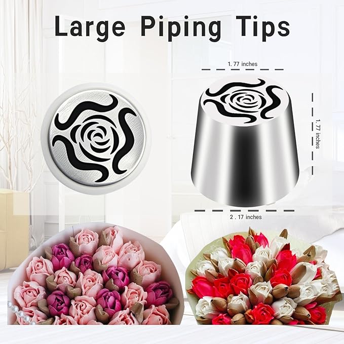 11 PCS Extra Large Russian Piping Tips Set，Stainless Steel Flower Nozzles Baking Tips for Cake Decorating for Cake Decorating Icing, Cream Bouquet DIY Cookies, Desserts Baking Tools(XXL, 6A)