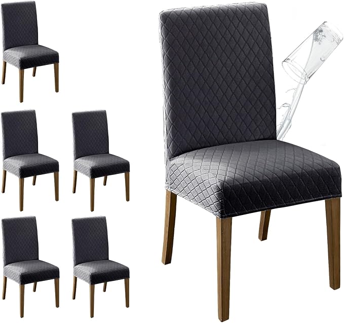 MOSAYT 100% Waterproof Dining Room Chair Covers Set of 6, Super Fit Stretch Jacquard Parson Chairs Slipcovers Removable Washable Chair Seat Protectors for Home, Kitchen, Banquet (Dark Grey) by MOSAYT