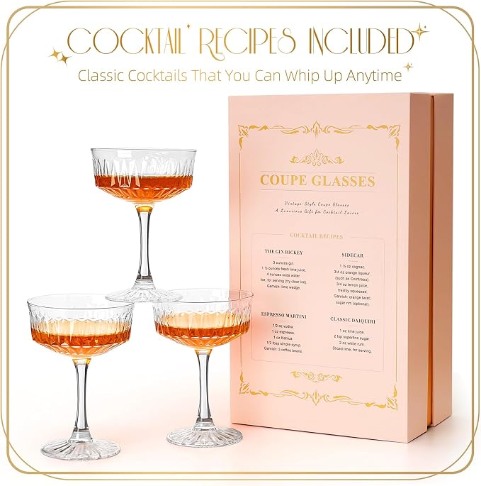 VIMERPA Coupe Glasses, Martini Glasses Set of 4, Vintage Champagne Coupe Glasses, 8oz Large Martini Glass, Crystal Retro Style Cocktail Glass for Elegant Bar Drinks, Vintage Art Deco Glassware - Image 5