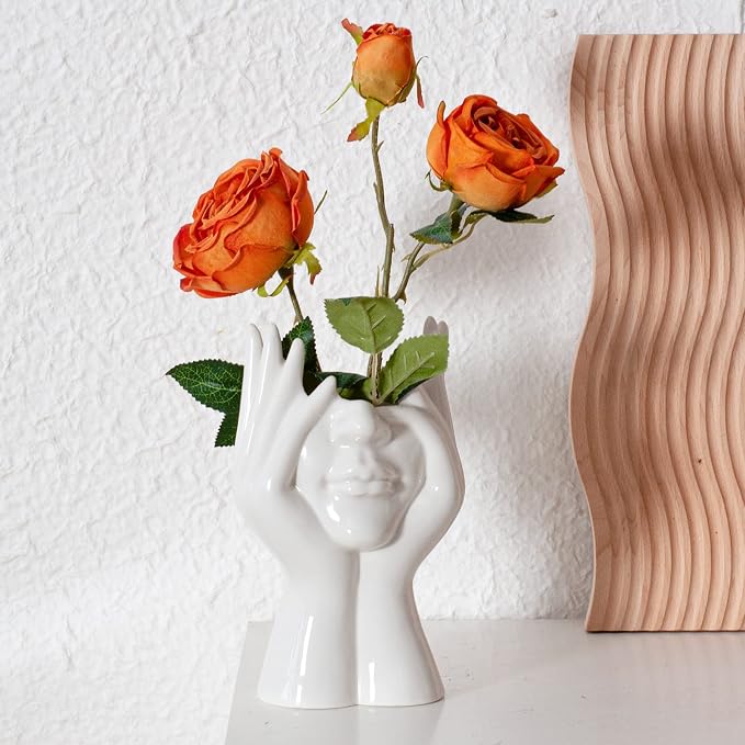 Face Flower Vase,White Ceramic Body Vase, Decorative Vase Dining Table Centerpiece,Modern Small Vase for Coffee Table Bathroom Shelf Living Room Decor 4.54'' W X 8.7'' H - Image 2