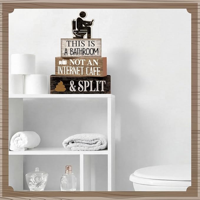 Moucuny 4 Pcs Funny Toilet Decor Sign Farmhouse Bathroom Shelf Decor and Accessories Vintage Sarcastic This Is a Bathroom Not an Internet Cafe Block Signs Gift for Home Guest Washroom Toilet - Image 6