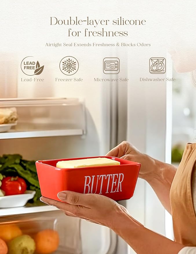 AISBUGUR Large Butter Dish with Lid Ceramics Butter Keeper Container with Knife and High- quality Silicone Sealing Butter Dishes with Covers Good Kitchen Gift Red 6.3 x 3.5 x 2.7 inches | Suitable Capacity, Great Sealing, Home Decor Kitchen Gift Housew... - Image 3