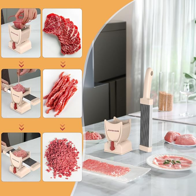 Fresh Meat Slicer, Manual Fresh Meat Cutter, Meal Prep Ideas, Adjustable Thickness 2mm or 4mm, 17 Blades get 18 Meat Slices, Meat Cleavers can be Sliced, Striped, Diced -Pink - Image 4
