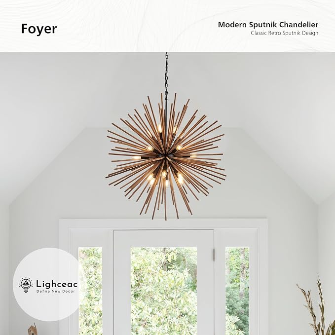 37.4" Farmhouse Sputnik Chandelier for Dining Room Rustic Handmade Natural Wood 18-Light Hanging Ceiling Pendant Light Fixture Starburst Wood Chandeliers for Kitchen Bedroom Foyer Hallway - Image 5