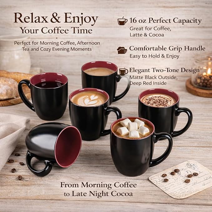 GBhome 16oz Coffee Mugs Set of 6, Large Ceramic Coffee Mugs for Man, Woman, Dad, Mom, Modern Coffee Mugs Set with handle for Tea/Latte/Cappuccino/Milk/Cocoa. Dishwasher&Microwave Safe,Red - Image 6