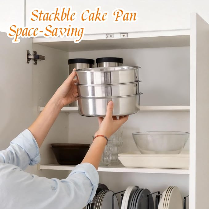 tifanso 3PCS 8" Round Stainless Steel Even Heating Cake Pans for Baking | Stackable Design, Perfect for Layer Cakes Birthday Parties & Weddings, Dishwasher Safe, Ideal for Home Bakers - Image 7