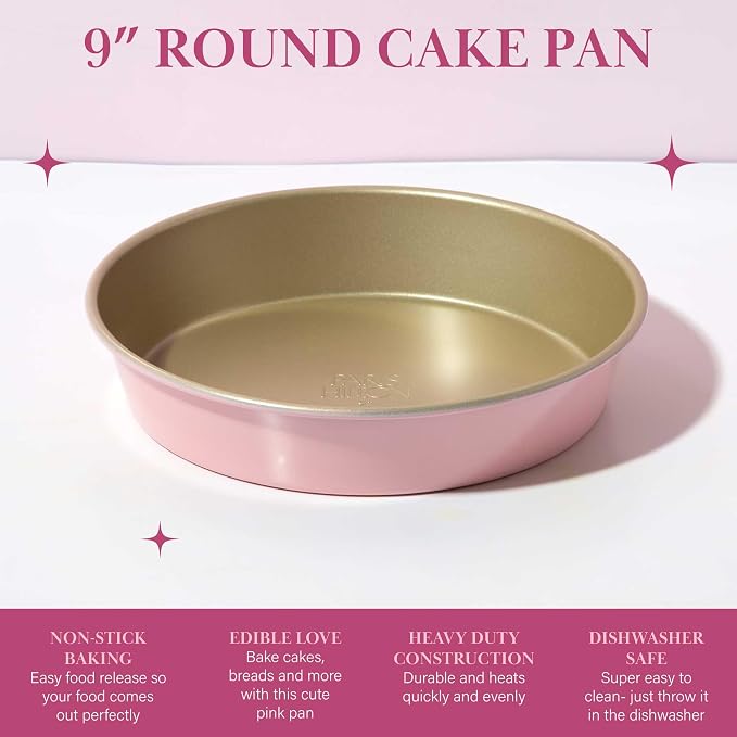 Paris Hilton Nonstick Carbon Steel Bakeware Collection, 9-Inch Round Cake Pan, Dishwasher Safe, Made without PFOA and PFAS, Pink Champagne Two-Tone - Image 2