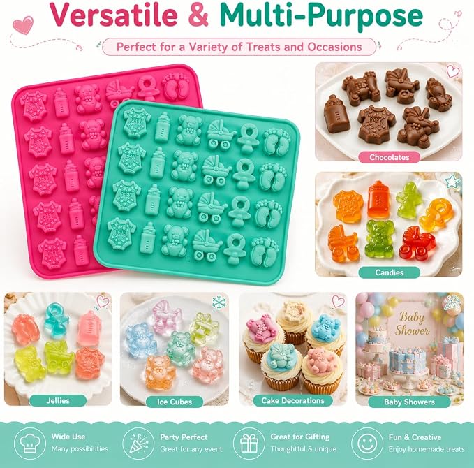 2 Pack Food Grade Silicone Chocolate Molds, Baby Onesie Foot Pacifier Cradle Bear Bottle Shapes, BPA Free Easy Demold for Candy Gummy Cake Decor Baby Shower Party - Image 2