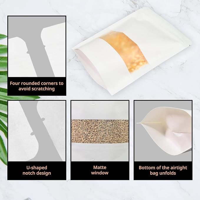50Pcs 8"X12" White Kraft Paper Bags with Window,Reusable Zip Lock Stand Up Pouches for Food Storage，Resealable Packaging Bags for Small Business,Coffee,Candy,Cookie,Snacks,Tea - Image 2