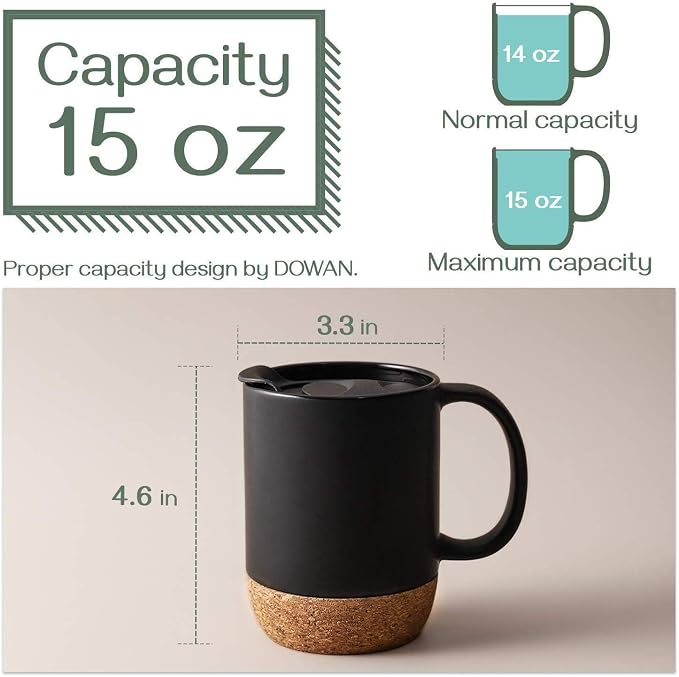 DOWAN Coffee Mugs, 15 oz Mug Set of 2, Large Ceramic Coffee Mug with Cork Bottom and Spill Proof Lid for Mom Dad, Big Mug for Latte Tea, Matte Grey - Image 3