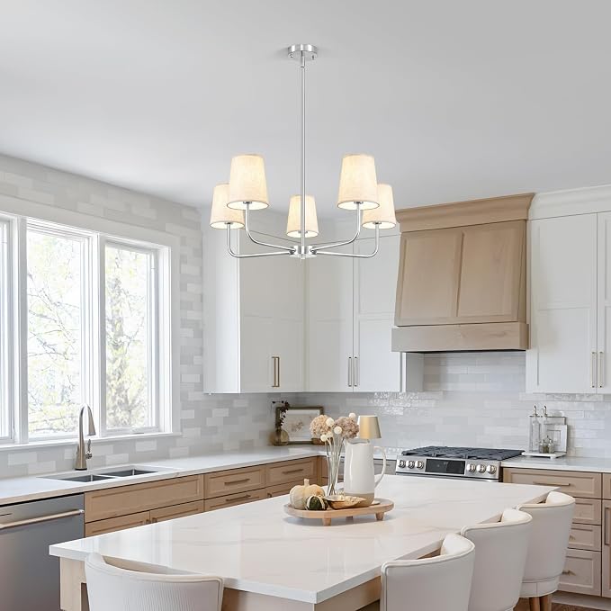 5 Light Brushed Nickel Chandelier, 28" Modern Farmhouse Ceiling Light Fixture with Fabric Shade, Pre-Wired Thicker Arm Pendant Lights for Dining Room Kitchen Island Over Table Entryway Foyer - Image 3