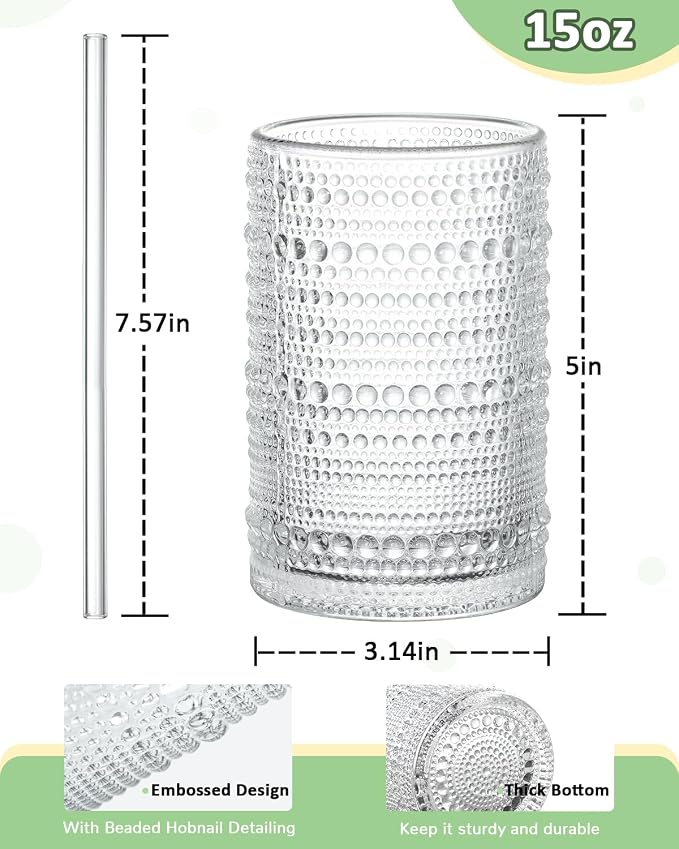 Large Capacity Glasses Drinking Set of 12, 15 oz Vintage Glassware Hobnail Glass Cups sets for Kitchen, Embossed Cocktail Glasses Set with Straws, for Beer, Juice, Cocktail, Whiskey, Milk - Image 5