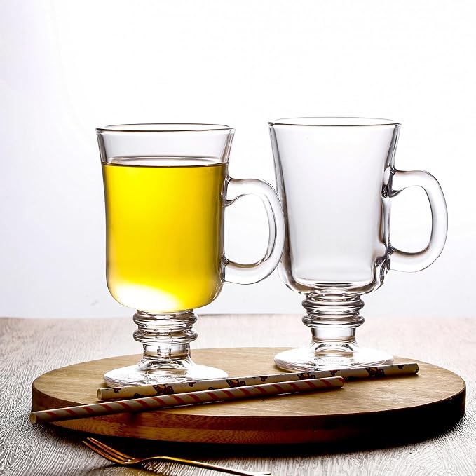 Glass Coffee Cups - 8 Oz Irish Coffee Mugs Set of 6 | Glass Cups with Handle, Footed Clear Cappuccino Cup, for Hot Cold Beverages, Lead-free, BPA free - Image 8