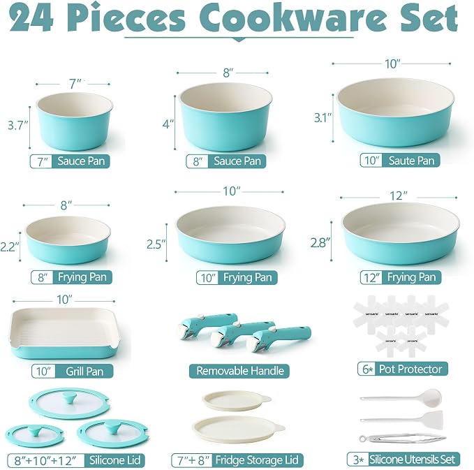 SENSARTE 24 Piece Ceramic Detachable Handle Pots and Pans Set Turquoise | Ceramic Cookware Set, Induction Cookware Set with Removable Handle, Healthy Non Stick for RV, Dishwasher ＆ Oven Safe - Image 2