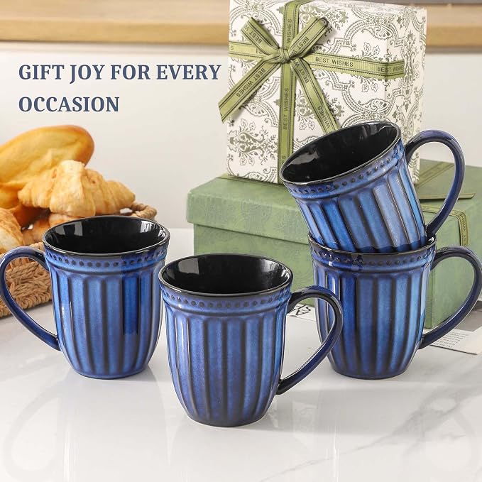 Coffee Mugs Set of 4, 16oz Navy Blue Ceramic Coffee Mug with Embossed Ribbed, Farmhouse Tea Cup Set for Latte, Cappuccino, Milk, Large Handle, Suitable for Office Home Restaurant Housewarming Gift - Image 9