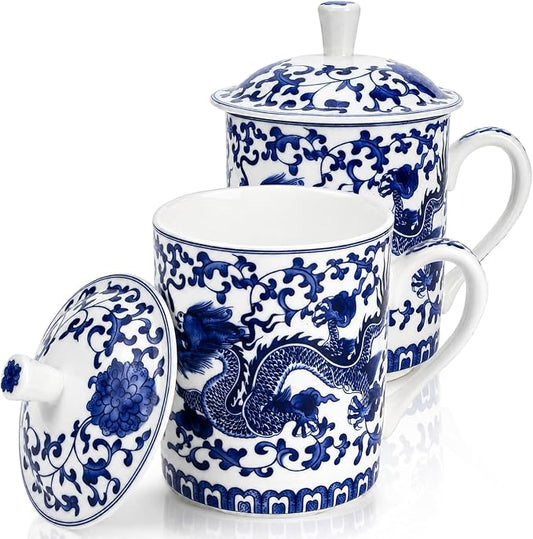 Peohud Set of 2 Porcelain Chinese Tea Cup with Lid, 12 Oz Bone China Coffee Tea Mug for Travel Home Office, Dishwasher Safe, Blue Dragon by Peohud