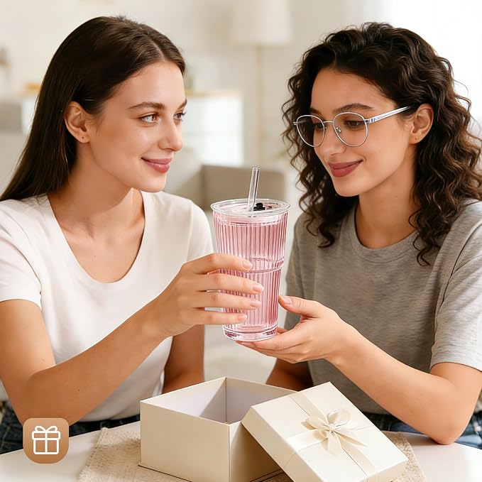 20oz Iced Coffee Cups with Lids, Ribbed Glass Cups with Lids and Straws | Thick Reusable Glass, Leak-Resistant Lids, Fits Most Car Cup Holders, For Iced Coffee, Tea, Smoothies and Cold Drinks - Image 2