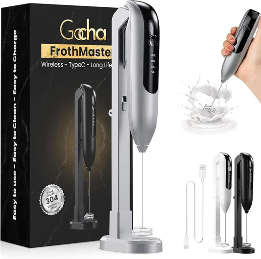 GOCHA | Electric Milk Frother Handheld - Rechargeable Coffee Frother with USB-C & 2 Speeds - Powerful RPM Latte Foam Maker for Cappuccino, Matcha, Hot Chocolate - Includes Stand & Whisk (Silver)