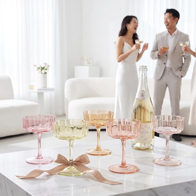Summer Flower Scalloped Vintage Wavy Petals Wave Glass Coupes 7oz Colorful Martini, Champagne & Cocktails, 5 Set Colored Rippled Champagne Glasses, Elegant Bar Glassware, Aesthetic Coupe Glassware - Image 6