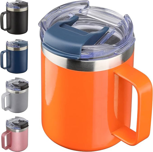 12oz Insulated Travel Coffee Mug with Handle, Orange | Stainless Steel Coffee Tumbler with Lid, Double Wall Vacuum Thermal Cup for camping by ALOUFEA