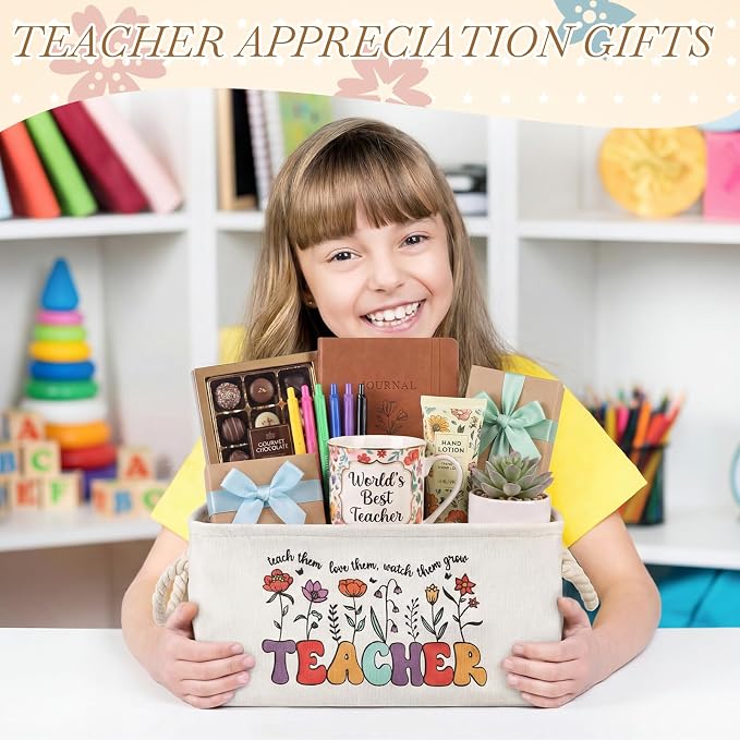 Marsui Teacher Basket Teacher Appreciation Gifts Book Storage Basket Large Foldable Linen Reading Accessories Back to School Teachers Storage Bins Gifts from Student Classroom Office Home - Image 5