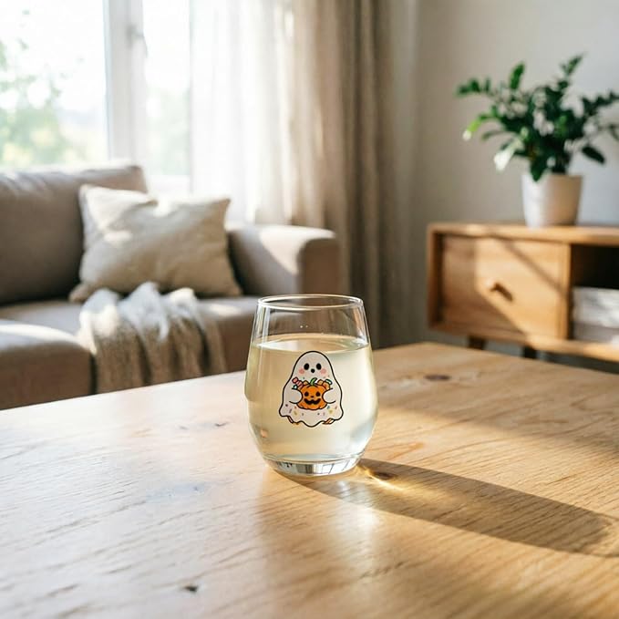 Halloween Stemless Wine Glass, Cute Pumpkin Ghost Cat Egg Shaped Tumbler, Clear Waterproof Printed Glassware, Festive Decorative Cup, Halloween Party Supplies & Holiday Gift for Women, C - Image 4