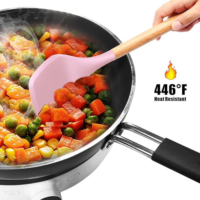 oannao Silicone Kitchen Utensils Set - 446°F Heat Resistant Cooking Utensil Sets, Spatula,Turner,Tongs,Spoon,Whisk, Wooden Handle Silicone Kitchen Gadgets Tools for Non-Stick Cookware BPA Free (Pink) - Image 8