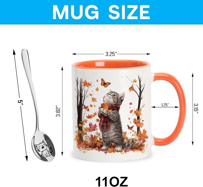 Hyturtle Fall Cat Maple Leaves Coffee Mug with Spoon Gifts on Birthday | Fall Autumn Decor Thanksgiving Gift, Cute Autumn Mug, Durable 11oz ceramic mug, Vivid double-sided print, Comfort grip handle - Image 3