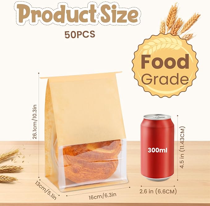 50 Pcs Bread Bags for Homemade Bread Sourdough, 10.2 * 6.3 * 5.1 Inches Bakery Bags with Window Reusable Tin Tie Baked Goods Packaging - Image 2