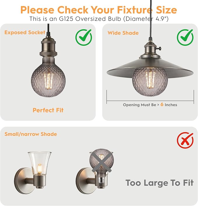 G125 Edison LED Bulb,4W Dimmable E26,2200K Smoky Diamond Glass | Oversized Decorative Edison Bulb, Mellow Ambient Light, Dim, Fit Indoor & Outdoor Store, Cafe & Dining Area Lighting - Image 3