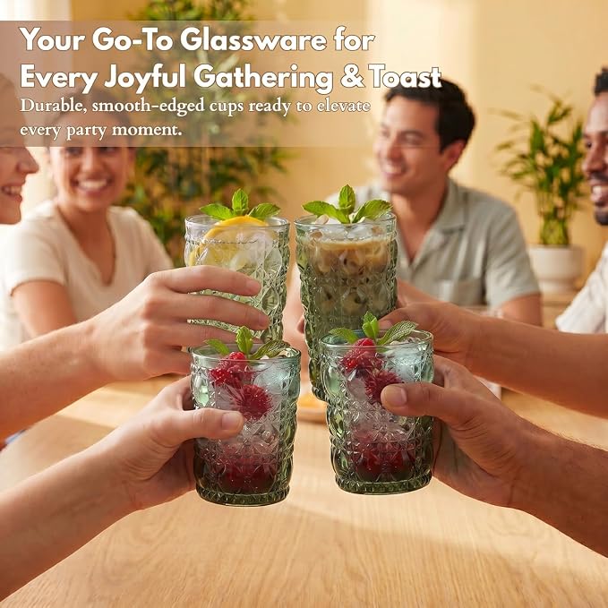 Green Drinking Glasses Set of 12, 12 Oz Highball & 10 Oz Cocktail Glasses, Green Kitchen Vintage Glassware Set, Floral Embossed Glass Tumbler Cups for Beer, Juice, Whiskey, Coffee(Gem) - Image 5