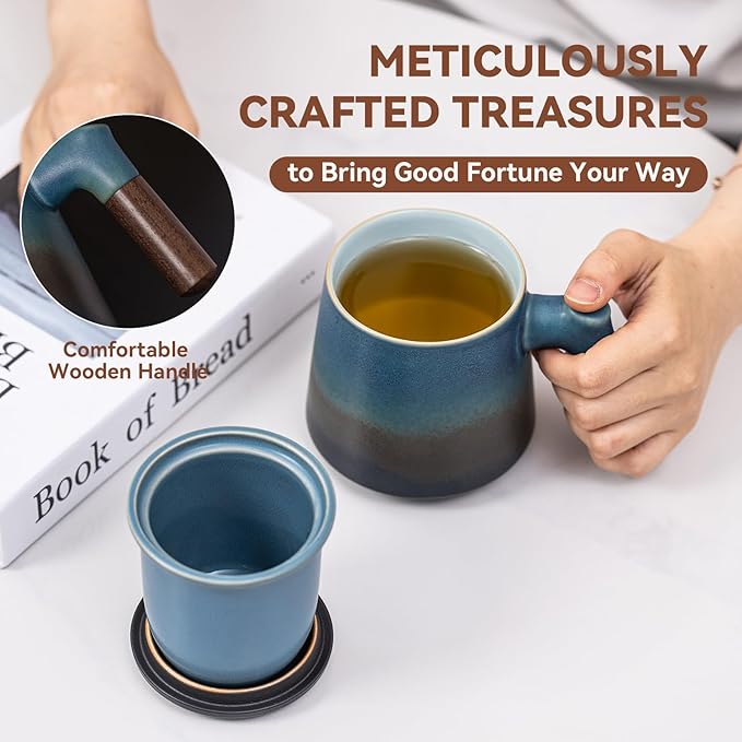 Ceramic Tea Mug with Infuser & Lid, 12.5oz Kiln-Transformed Unique Cup – Nature's Artisan Design, Loose Leaf Tea Cup with Infuser, Insulated Ceramic Coffee Mugs with Lid, Gift for Women/Men