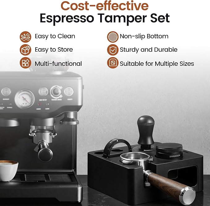 ShanSon Espresso Accessories Kit,7-in-1 54mm Compact Espresso Tamper Set: Espresso Tamper, Distributor, Bottomless Portafilter, Dosing Funnel,Station